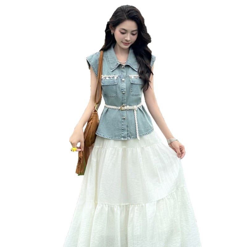 Small fragrant style denim vest women's sleeveless suit 2026 new summer style with half skirt and shawl jacket