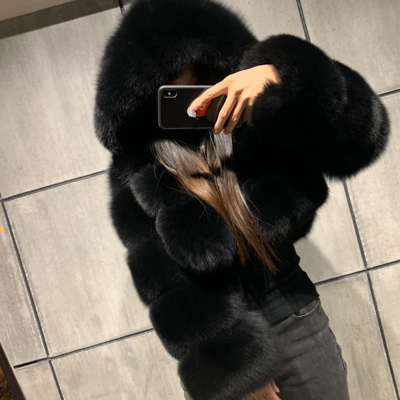 Women's Short Faux Fur Coat with Hood and Zipper, Slim-Fit Spliced Faux Fox Fur, Warm Fur Top