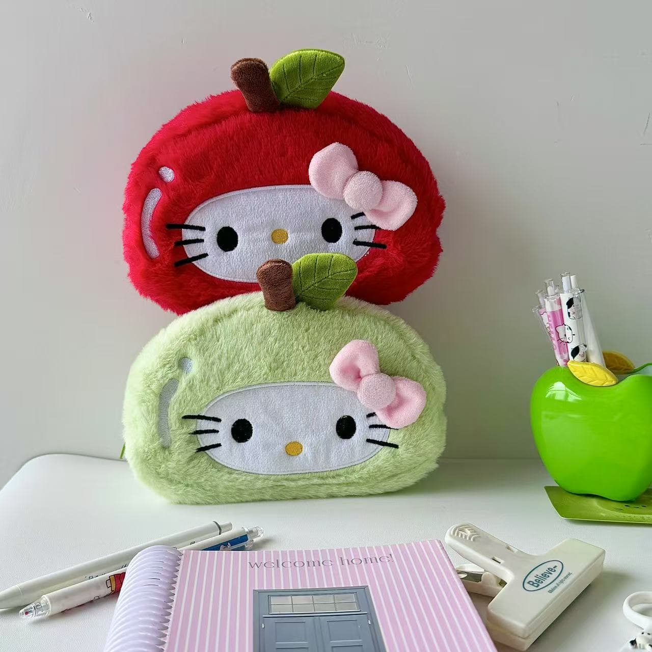 Japanese cute new Apple helloKitty cat pencil bag plush cross-dressing large stationery bag high-value storage bag