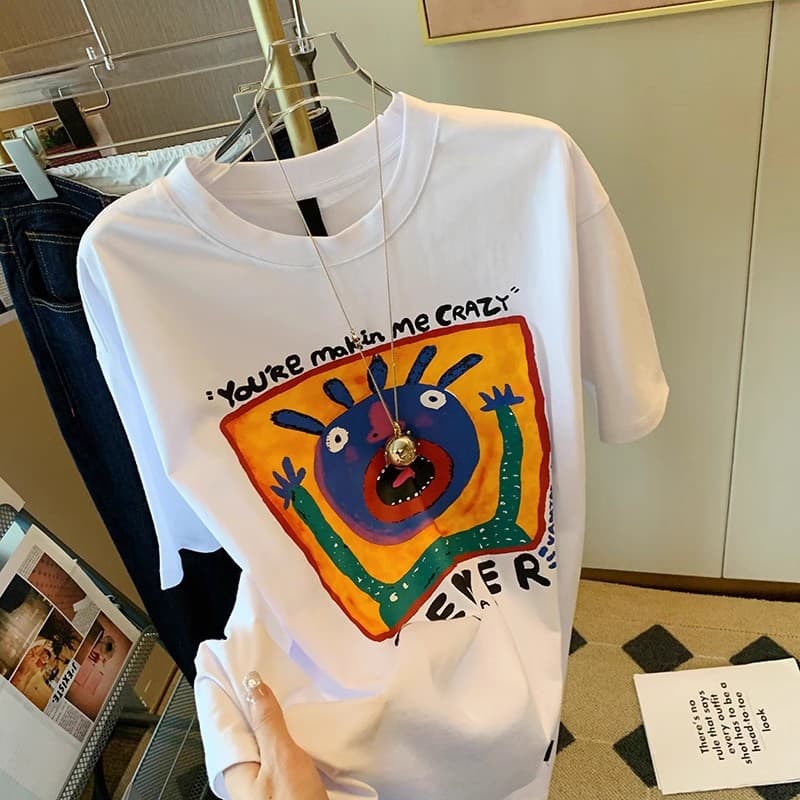 Japanese-style Fun Clown Print Short Sleeve Casual T-Shirt for Women, Summer Sweet Cool White Loose Heavyweight Tee