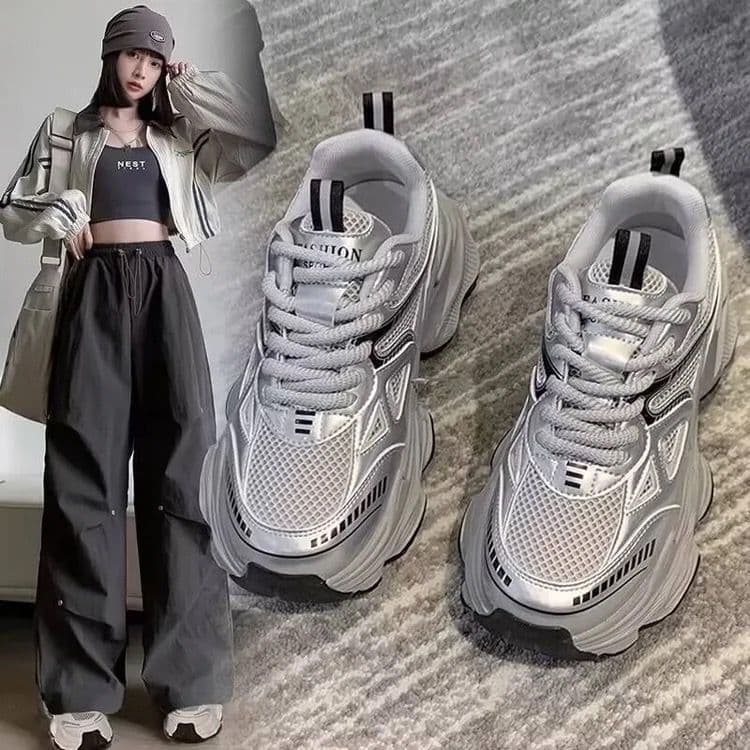 Thick Sole Silver Dad Sneakers Women 2026 New Spring Autumn Heightening Mesh Breathable Running Paris Sports Shoes
