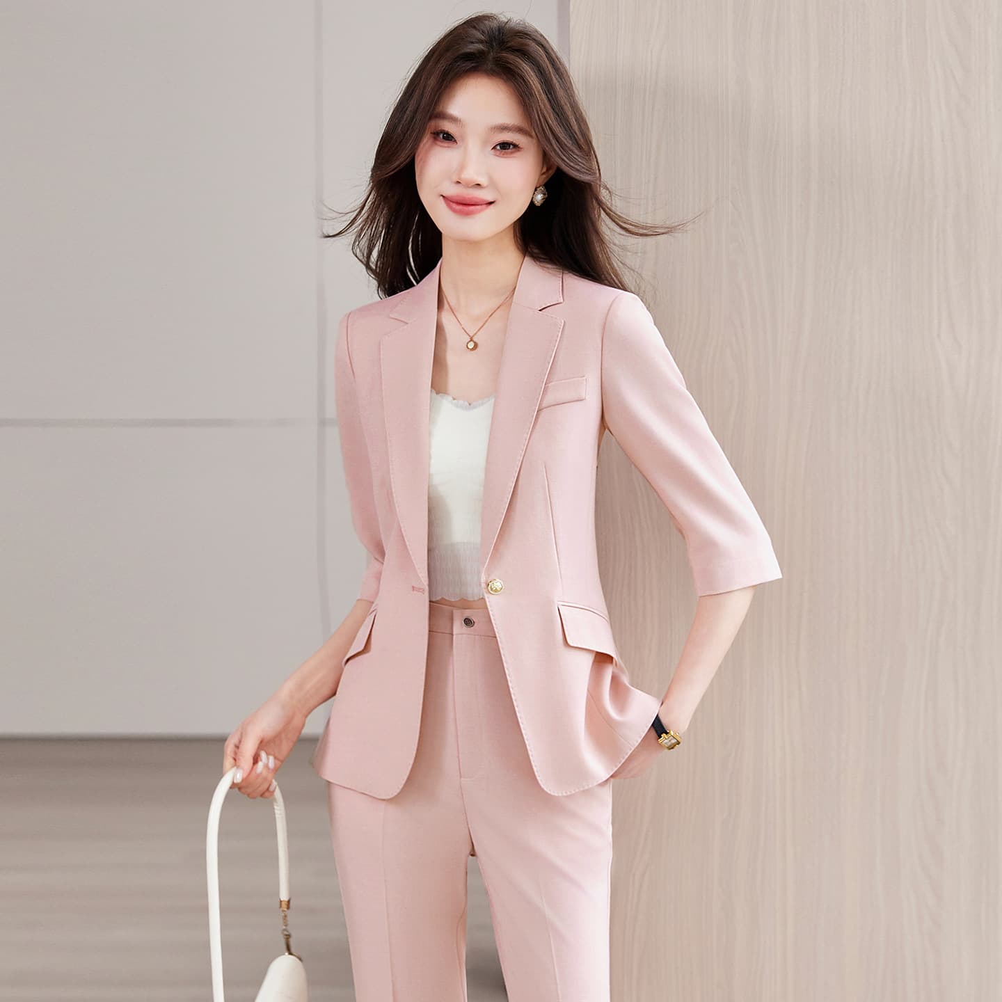 Stylish Seven-Tenths Sleeve Blazer Set for Women 2026 New Spring/Summer Mid-Sleeve OL Work Suit with Flared Pants