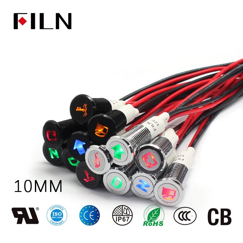 10mm Automotive Dashboard Symbol Indicator Light 12V Metal with Wire Signal Light LED Accessory Waterproof Dustproof