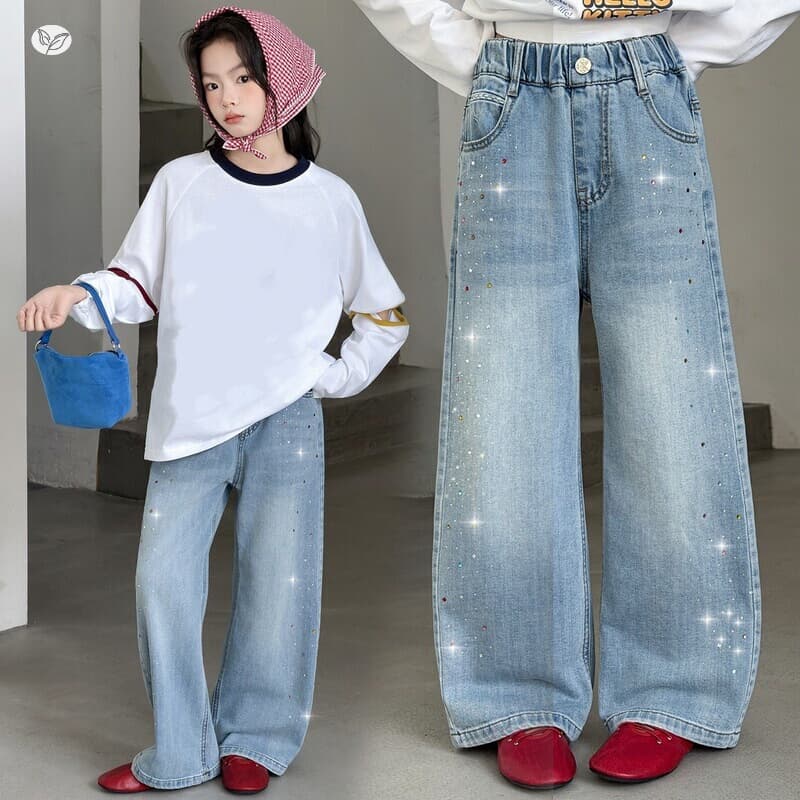 Girls' Colorful Rhinestone Jeans 2026 Fall New Arrival Medium and Big Kids Straight-Leg Pants Narrow Wide-Leg Pants Outdoor Trousers