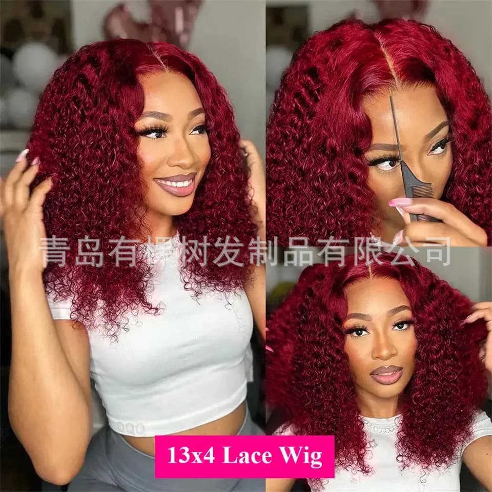 Cross-border European and American Women's Lace Front Small Curly Wig, Matte Synthetic Wine Red Curly Half Hand-Tied Wig