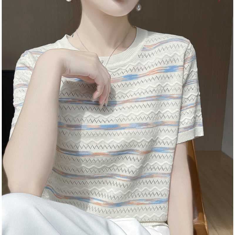 Mulberry Silk Rainbow Stripe Knit Top for Women Summer Round Neck Loose Fit Regular Shoulder Tencel Blouse Ice Silk T-Shirt