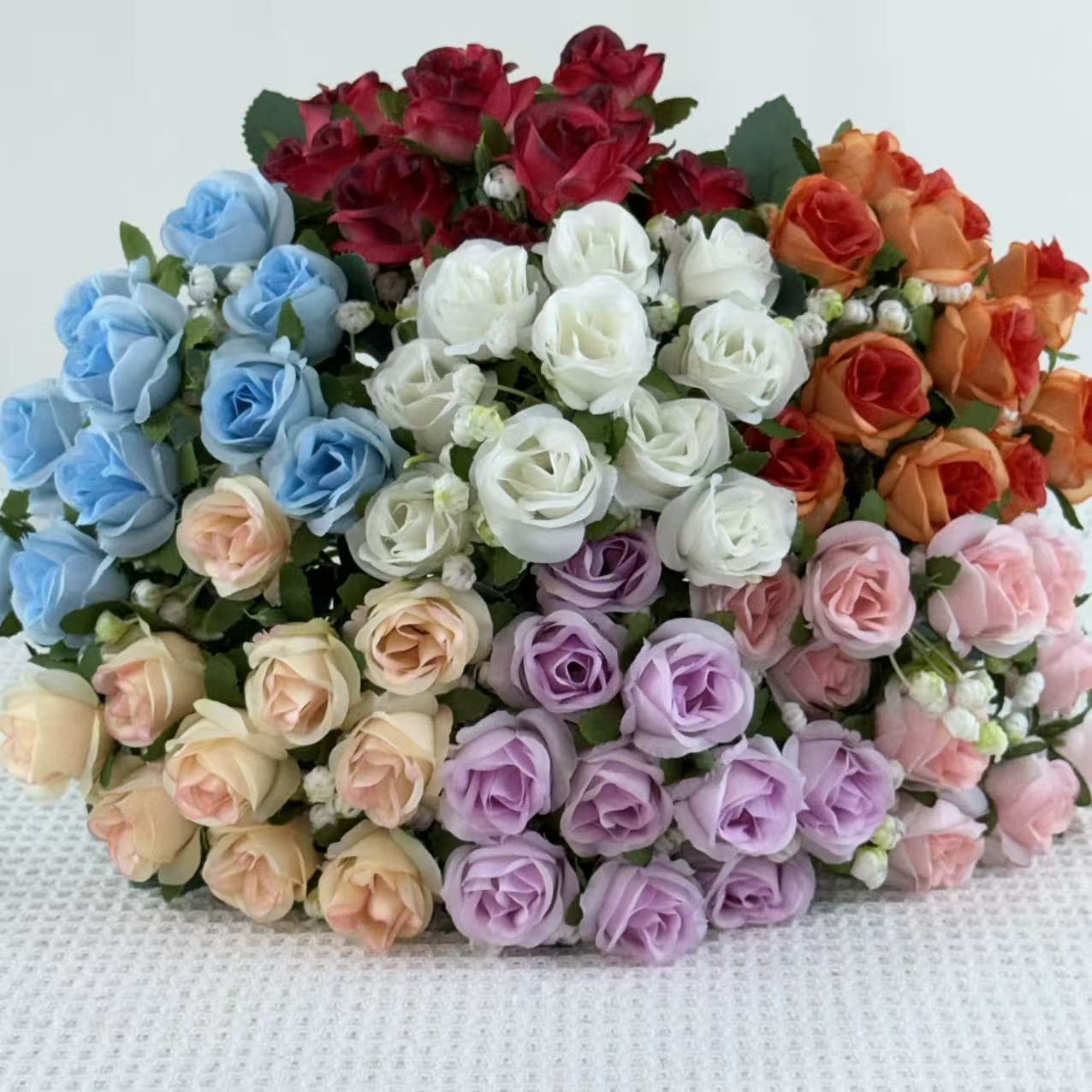 Cross-Border Foreign Trade Wholesale Amazon Popular Bouquet of Roses Wedding Mini Roses Baby's Breath Artificial Flowers Fake Flowers