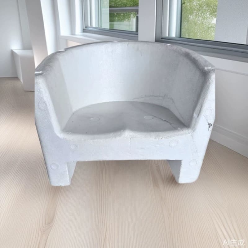Mold-formed foam chairs and sofas, lightweight, durable, cost-effective.