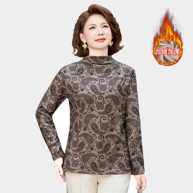 Mom Autumn Winter Large Size Base Shirt 2025 New Style Chic Middle-Aged and Elderly Women's Fleece-Lined Warm Long Sleeve Top