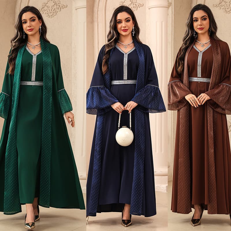 AB536 Cross-Border Foreign Trade Clothing Rhinestone Fabric Lotus Leaf Sleeve Kaftan Fashion Elegant Three-Piece Set Robe Stock