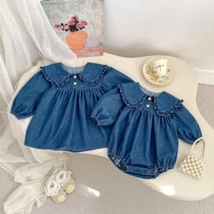 26 Spring New Style Baby Girl Fashion Turn-Down Collar Long Sleeve Solid Denim Diaper Cover Romper Dress, Sister Set