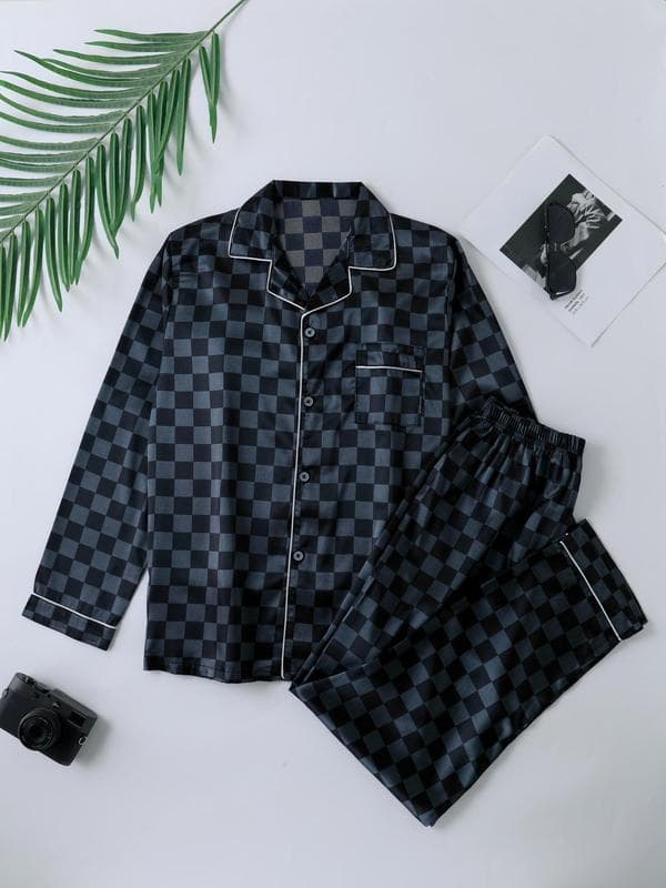 Cross-border Two Piece Set Men's Plaid Print Satin Pyjama Set Long