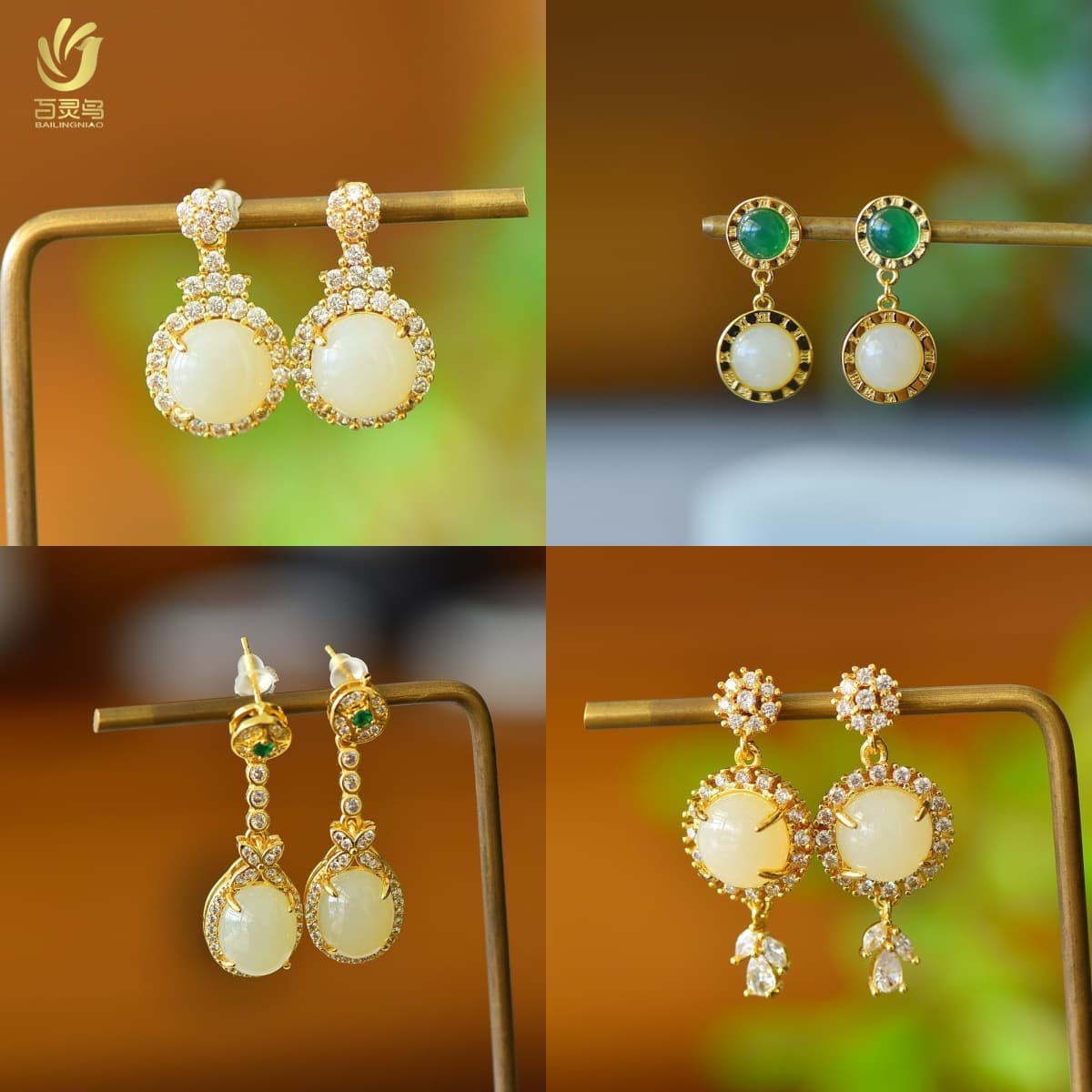 Copper inlaid Hetian jade white jade cabochon fashion earrings with diamond inlaid gold earrings earrings live supply wholesale
