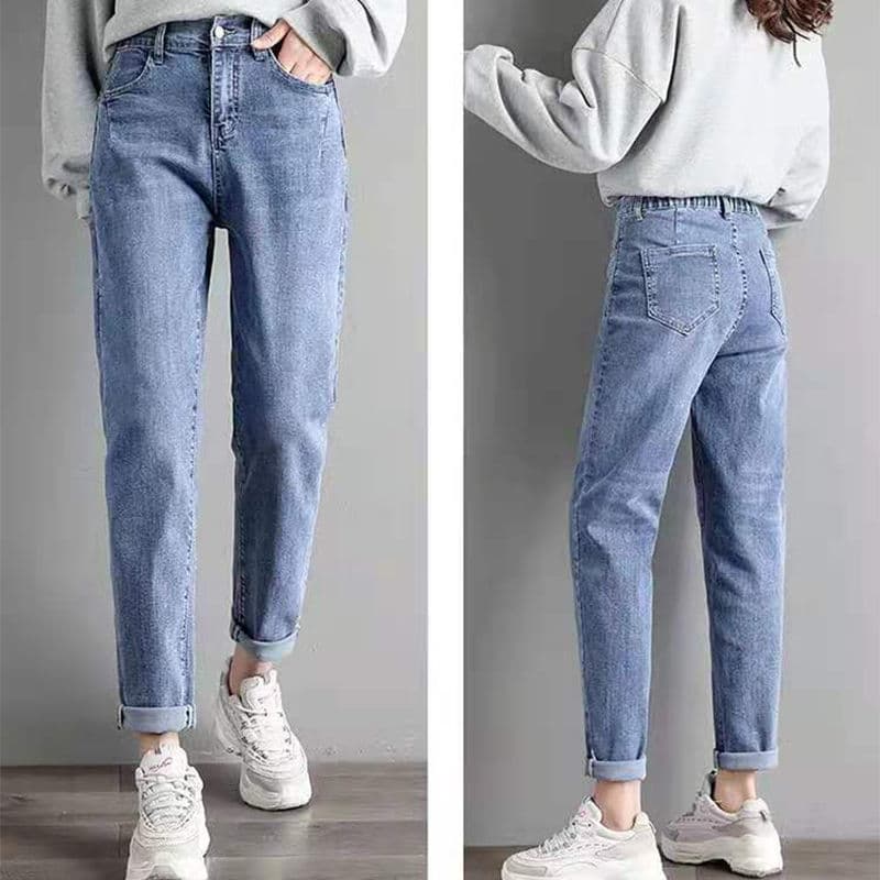 Women's straight-leg, loose-fitting, plus-size jeans for pear-shaped figures, new high-waisted, slimming, stretchy, trendy pants for chubby girls.