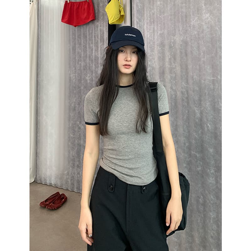 Nan Tao right shoulder T-shirt wool blended slim short-sleeved women's summer new round neck contrasting color high elastic slimming top