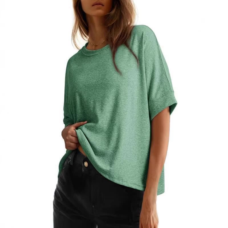 2026 Cross-border Women's Fashion Independent Site Amazon New Women's T-Shirt Loose Solid Color Batwing Sleeve Basic Short Sleeve