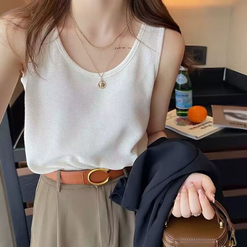 [Factory Direct Sale] Women's Summer Outerwear Waffle Knit Loose Top Slimming Sleeveless Base Layer T-shirt