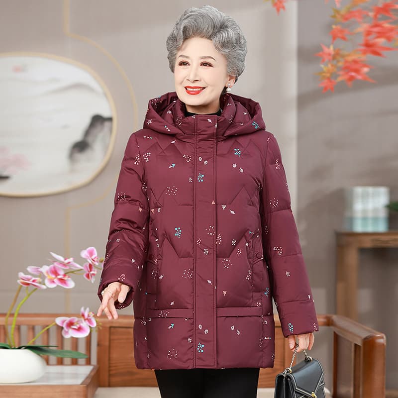 Elderly Mom Down Jacket Mid-Length Winter Outerwear Women Grandma Fashionable Print Autumn Winter Hooded Warm Top