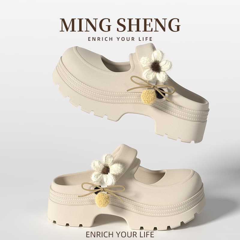 Little Flower Mary Jane Croc Shoes Women's New Home Furnishing Non-Slip Outerwear Sliding Feeling Thick-Soled Height-increasing Sandal Slippers Summer