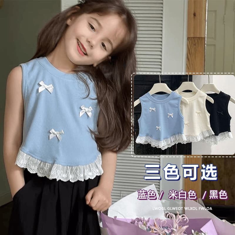 Girls Bow Tie Short Style Small Vest Summer New Style Children Sweet Patch Lace Sleeveless T-Shirt Top Trendy