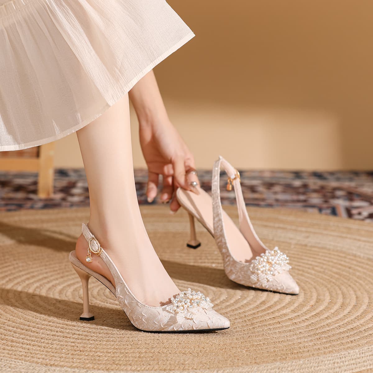 2024 New Pointed Toe Stiletto Heels Plus Size Wide Pearl Women's Shoes Wedding Shoes Commuter Shoes Bridesmaid Shoes