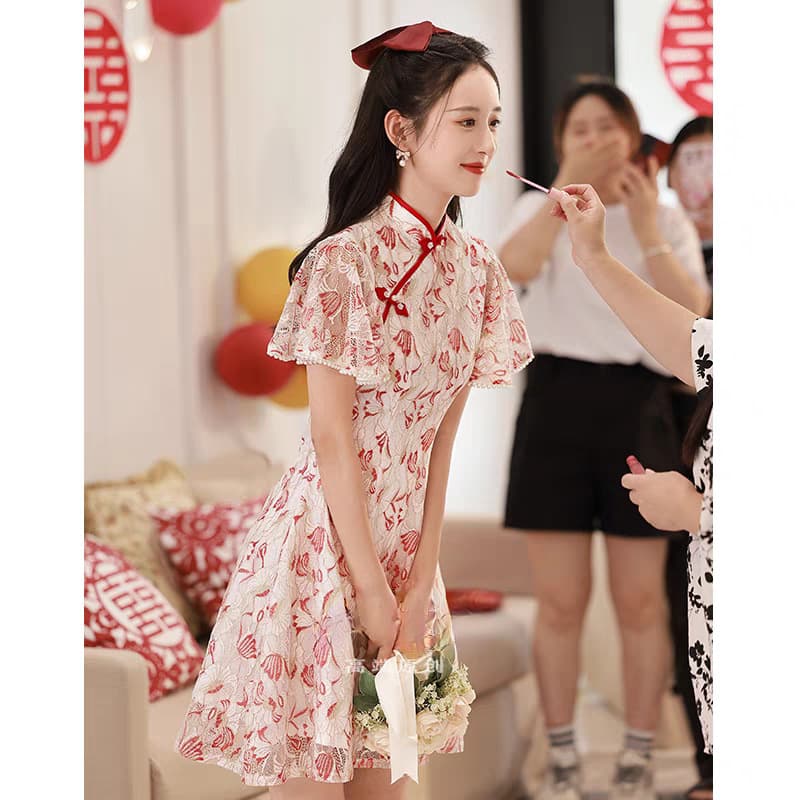 Wedding Toast Dress Qipao for Bride Petite Wedding Gown Engagement Dress Homecoming Casual Wear Women Short Sleeve