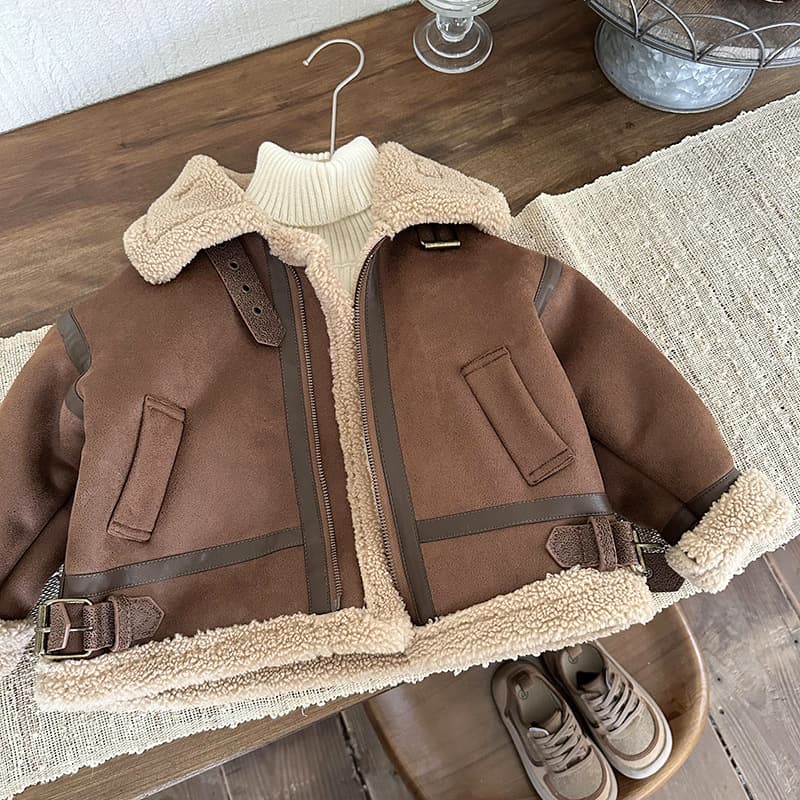 Boys' Sheepskin and Lamb Fleece Leather Jacket Winter 2024 New Children's Lamb Fleece Lined Girls' Jacket