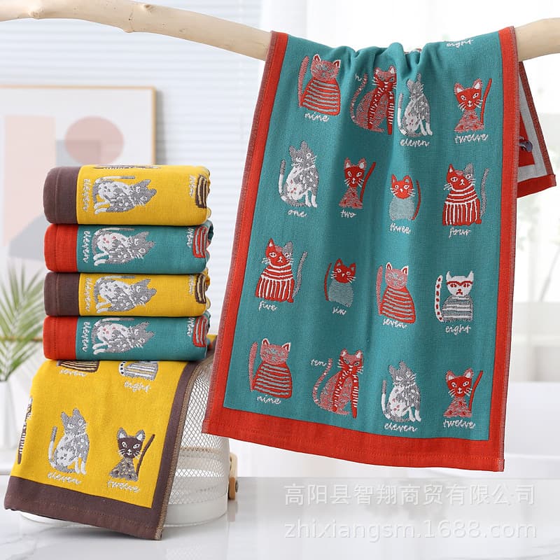 Zhiyang Towel, Four-Layer Jacquard Number Cat Gauze Cotton Face Towel, Soft and Absorbent, Face Cloth, Factory Price Wholesale