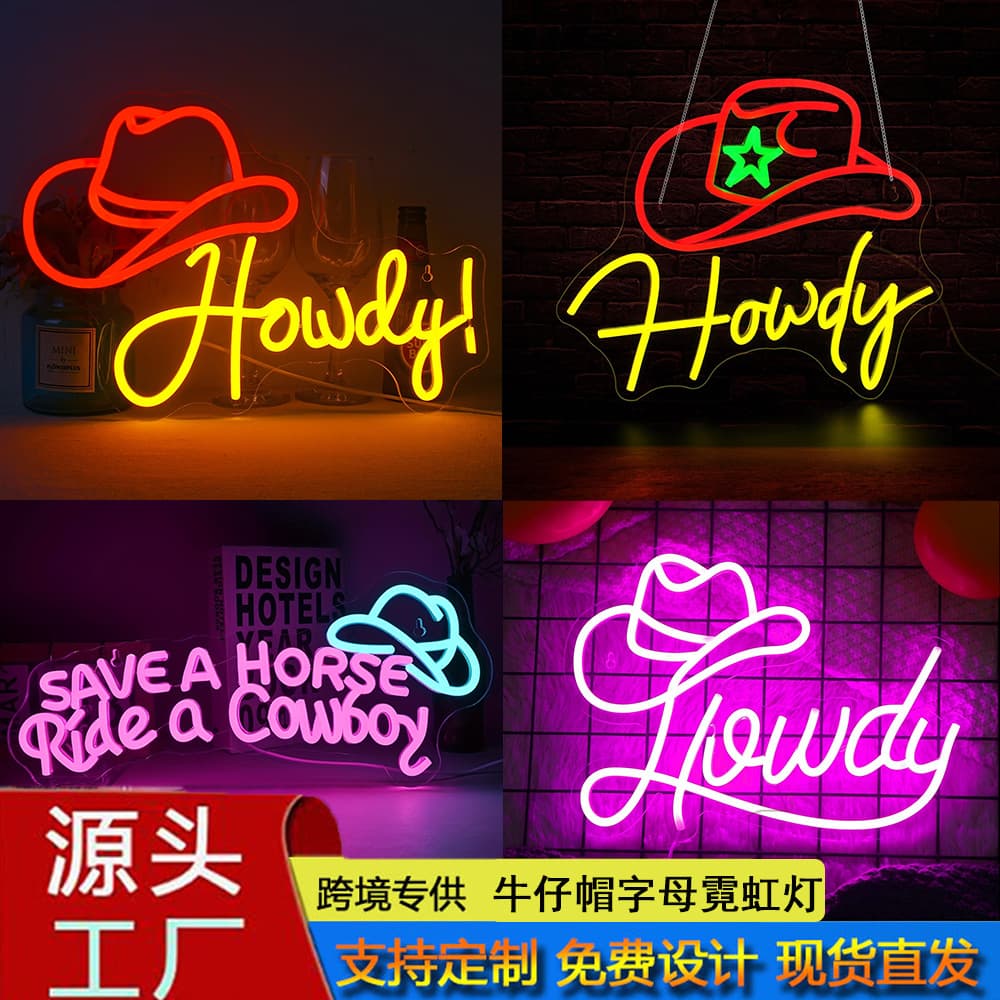 Cross-border hot selling cowboy hat neon light luminous letters LED light bedroom party bar decorative light ornaments