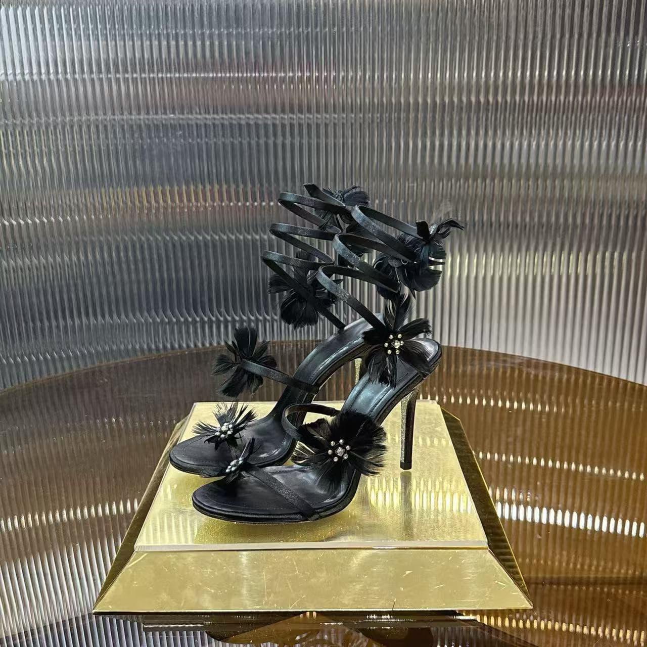 26 Summer New Feather Flower Ankle Strap Satin Rhinestone Evening Dress High Heel Sandals for Women