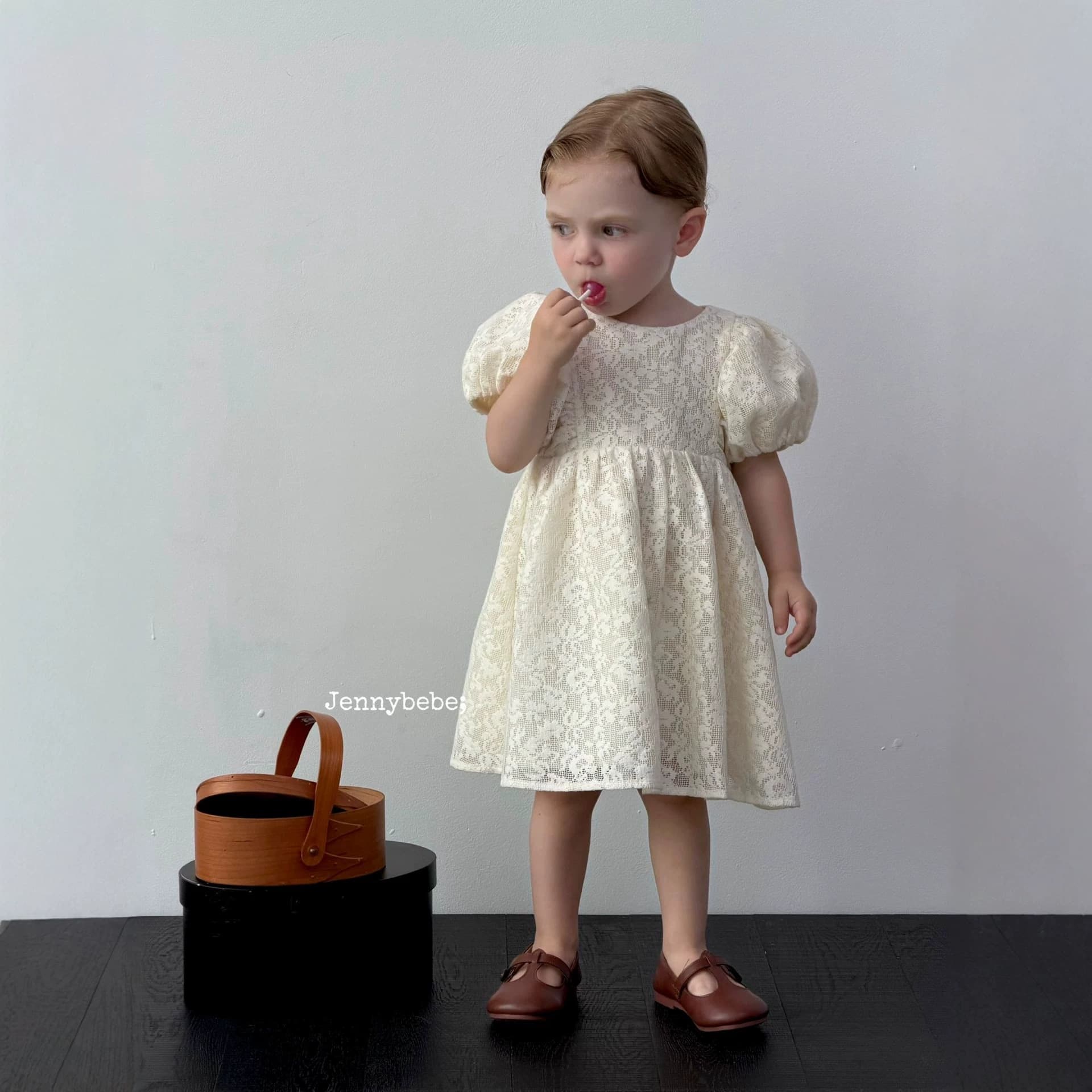 jennybebe 2026 Summer New Arrival Baby Girl Korean Style Lace Dress Premium Puff Sleeve Princess Dress