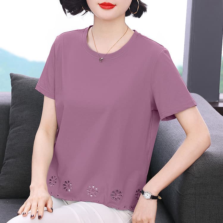 2026 new summer style solid color short-sleeved women's shoulder Korean style loose-fitting body-covering slimming T-shirt round neck hollow top