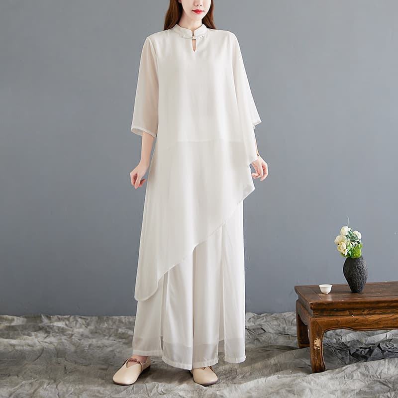Ethereal Zen Tea Dress 2025 Summer New Women's Chinese Style White Chiffon Set