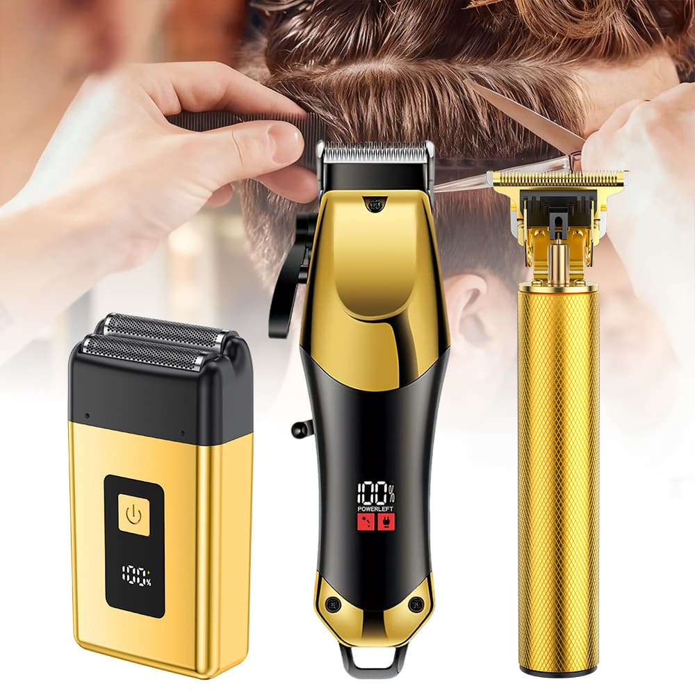 New Cross-Border Hair Clipper Set with Mother-Child Machine, Oil Head Engraving, Digital Display Hair Cutting Scissors Set, Electric Clipper Trimmer