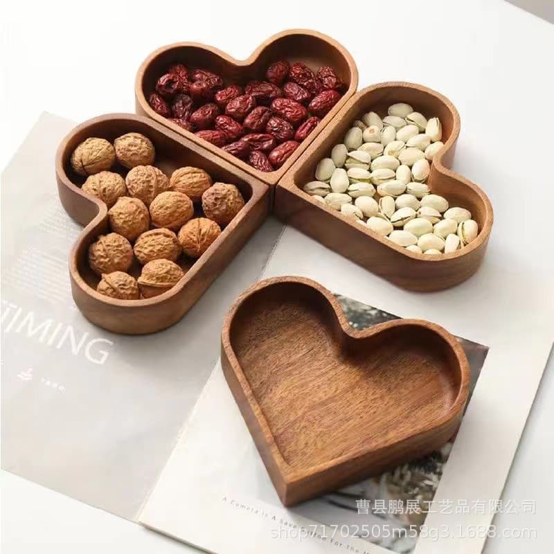 Wooden Heart-shaped Dessert Plate, Japanese-style Love Tray, Stackable Nut Plate, Spring Festival Candy Dish, Creative Solid Wood Tray