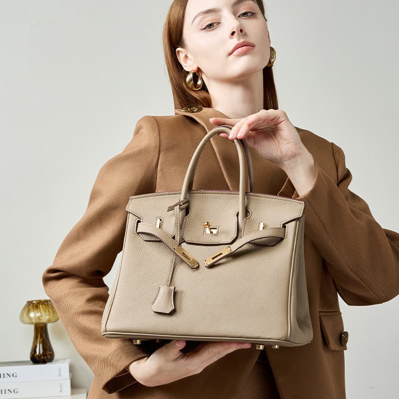 Premium Waxed Thread High-Version Togo Top-Grain Leather Birkin Bag, European and American Genuine Leather Lychee Grain Large-Capacity Handbag