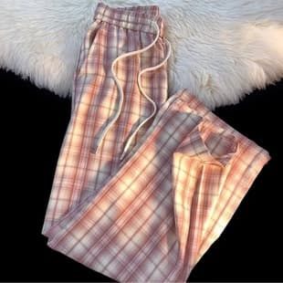 Pink Plaid Wide-Leg Pants for Women 2026 Summer New Korean Retro High-Waist Draped Straight-Leg Loose Casual Pants Trendy