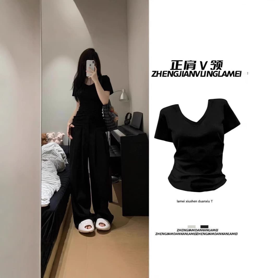 American Retro Women's V-Neck T-Shirt, Summer Thin Fit, Slim Waist Short-Sleeve Top with Built-In Short Layer