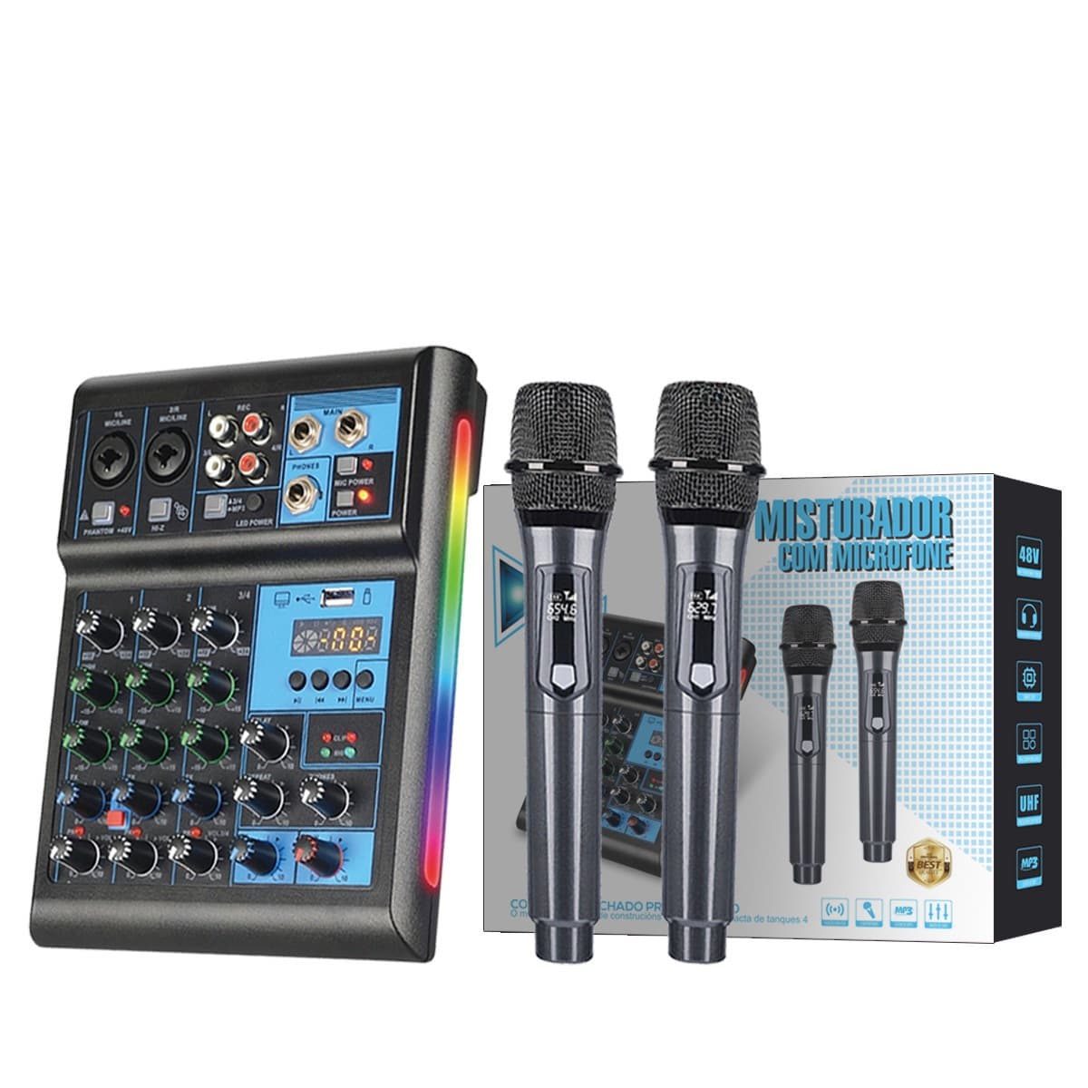 4-Channel Mixer Type-C Computer Recording Sound Card Mixer for Live Streaming, Home, Professional DJ with Bluetooth and RGB