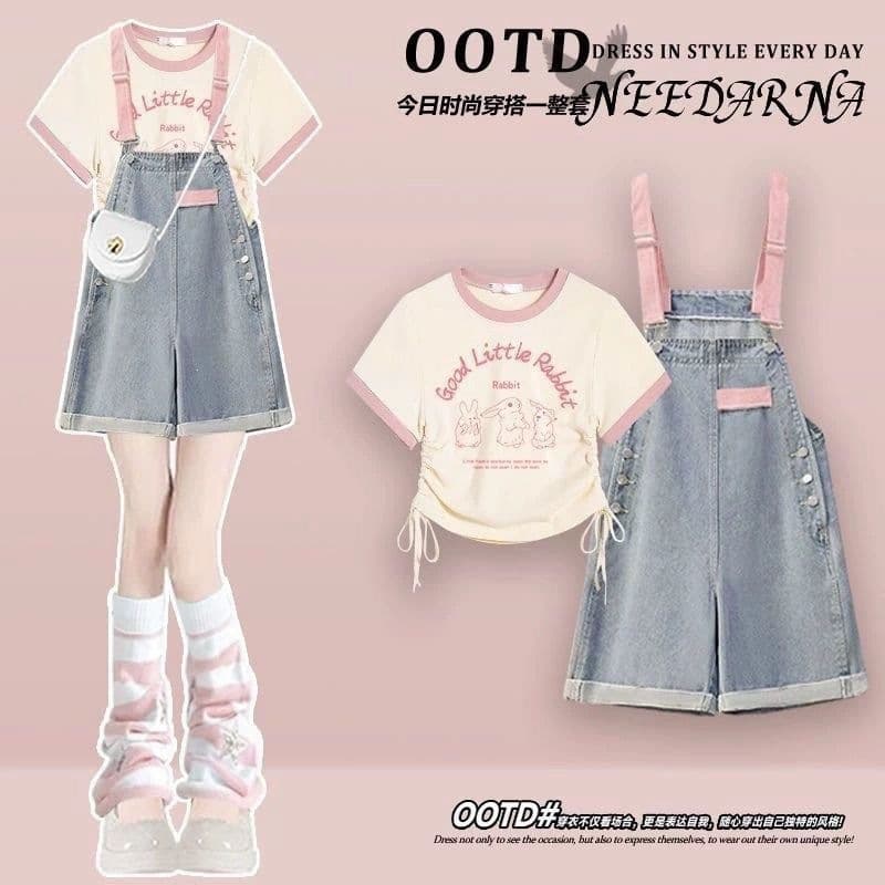 Girls Big Kids Drawstring Short Sleeve Set, Summer New Denim Bib Overalls Two-Piece Set, Cute for Kids