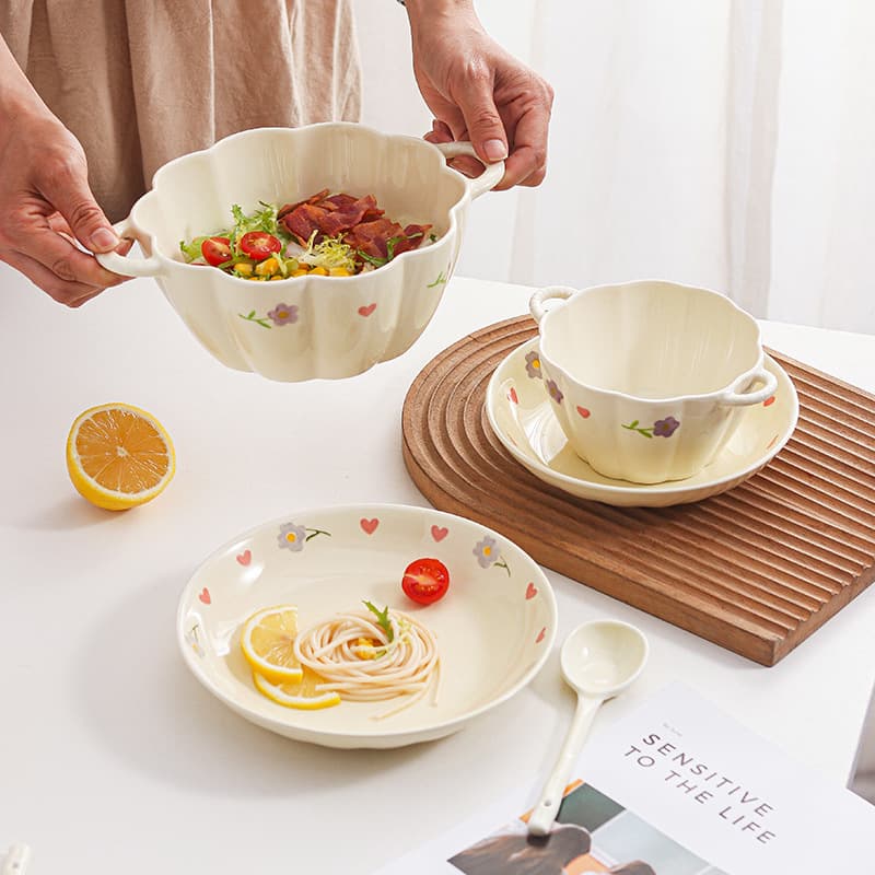 Wisteria Cream Style Ins Plate and Bowl Set Home Ceramic Plate Bowl Double Ear Noodle Bowl Large Soup Bowl with Spoon