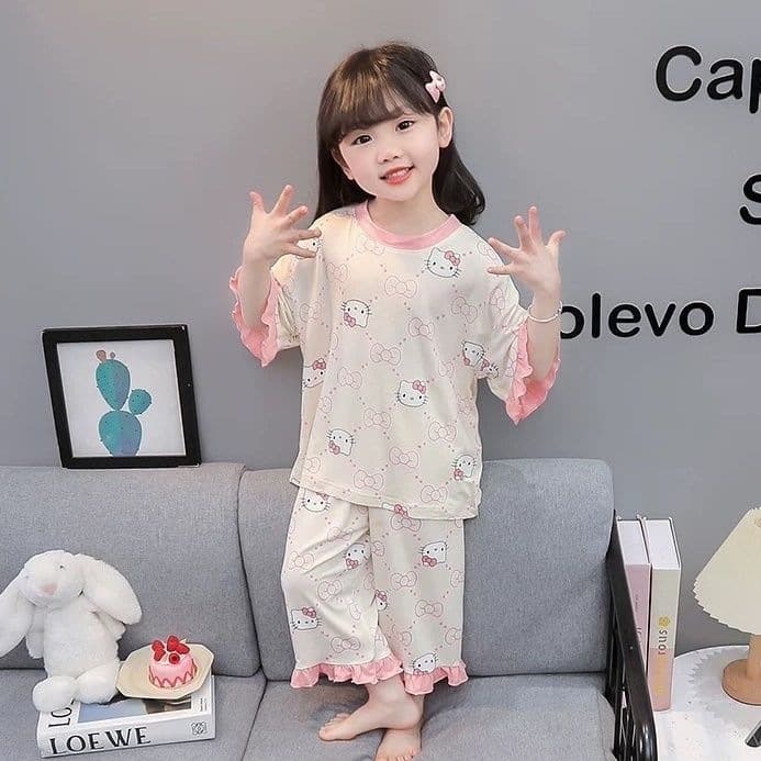 Girls' pajamas, medium-sleeved, thin, medium and large children's summer new children's home clothes set, girl baby air-conditioning clothes cotton