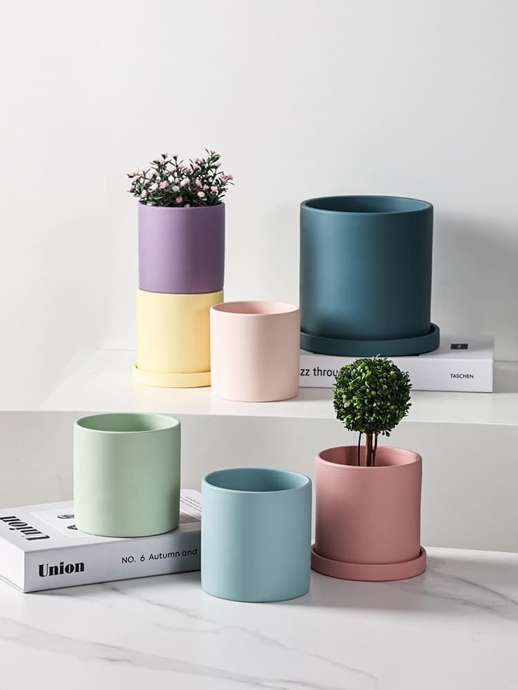 Morandi Solid Matte Ceramic Flower Pot with Tray, Nordic Large Size for Home Garden Green Plants Succulents Potted Flowers