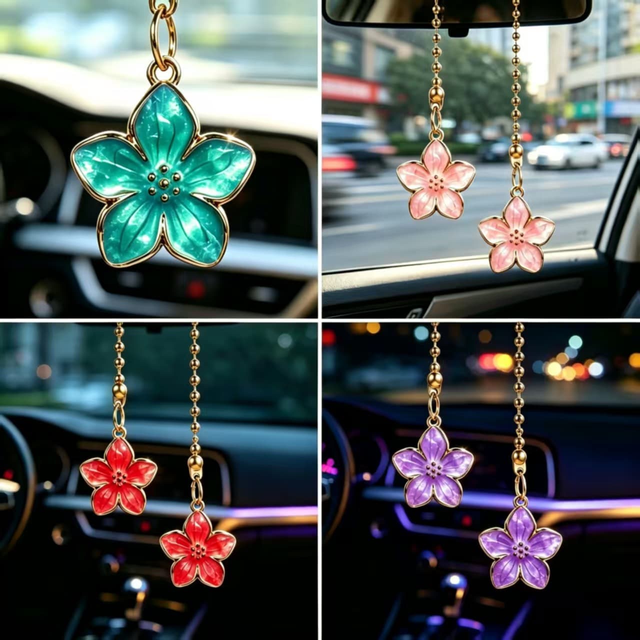 Cross-border Oil-dropping Five-petal Flower Car Rearview Mirror Pendant Alloy Flower Car Interior Hanging Chain