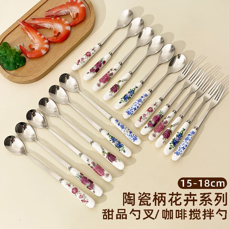 Ceramic handle Nordic style long handle mixing ice spoon creative stainless steel dessert spoon coffee spoon cake fork fruit fork