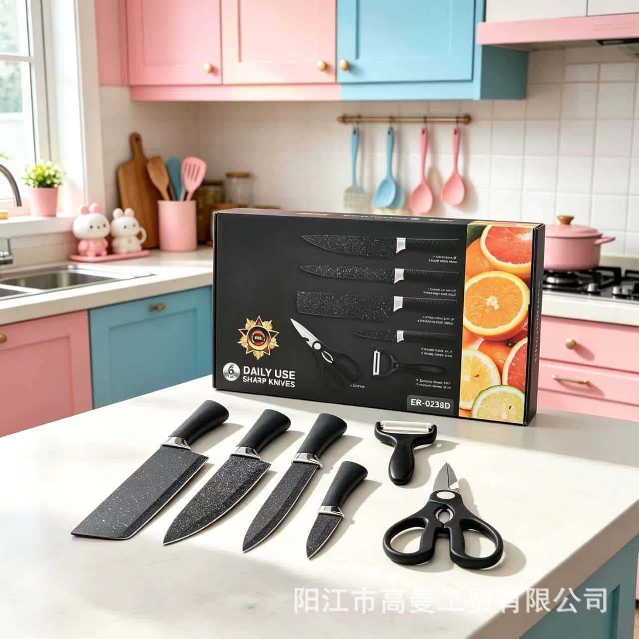 Factory stainless steel knives foreign trade cross-border best-selling wholesale kitchen knife scissors set horseshoe handle starry sky pattern six-piece set