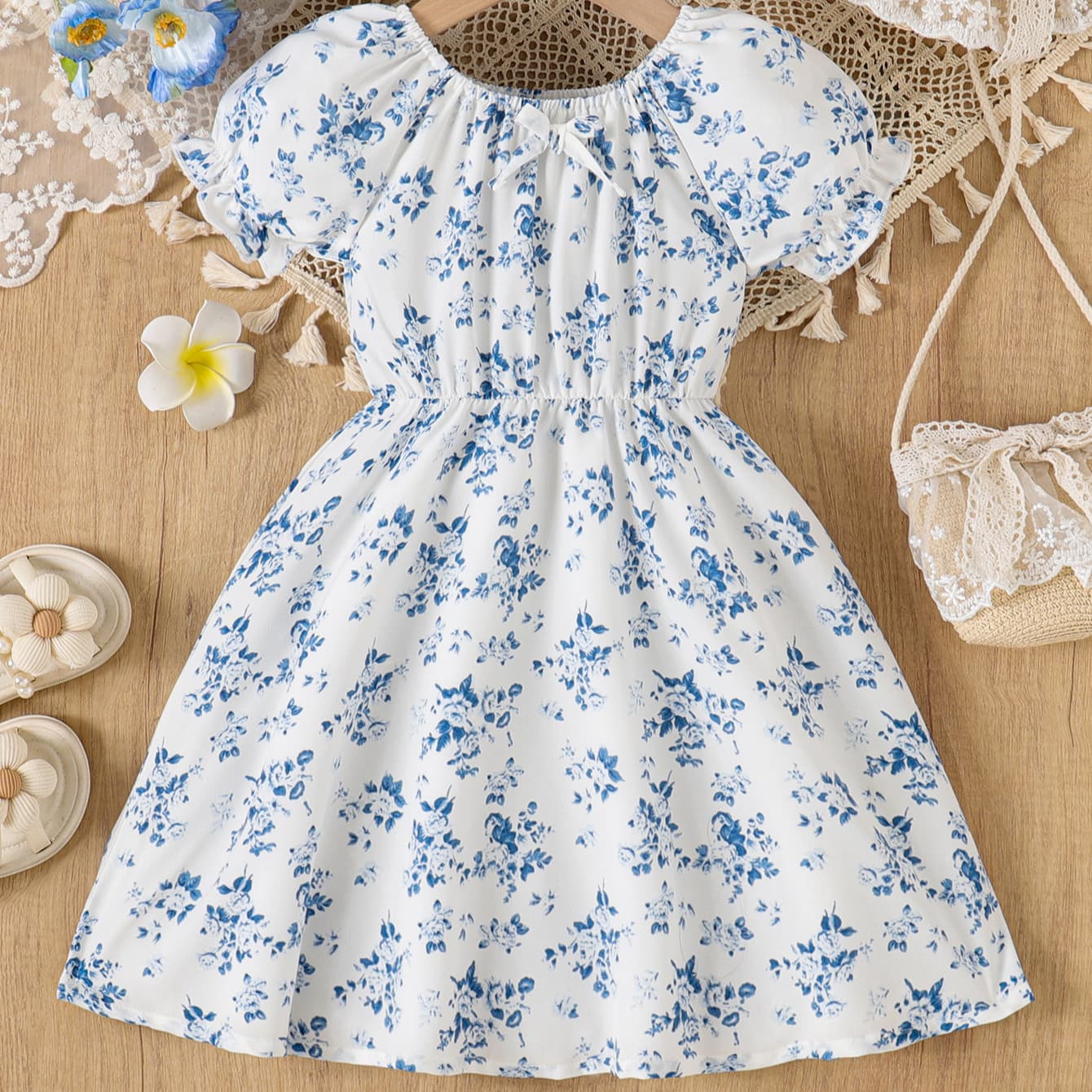 Young Girls Flower Print All-Over Printed Bow Ruffle Short-Sleeved Patchwork Dress Elegant Retro Style