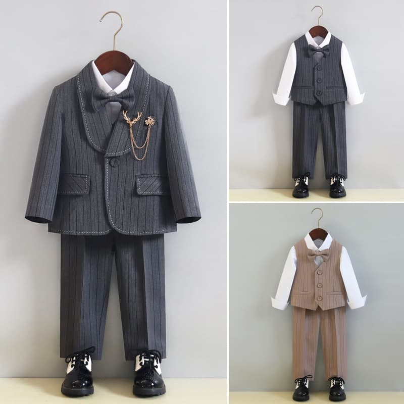 Kids Suit & Vest Set for Spring/Autumn, Boys Flower Boy Birthday Host Piano Performance Outfit, Fleece-Lined