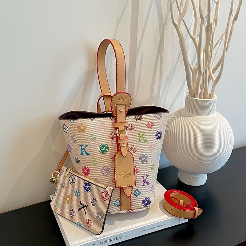 Light Luxury Best-Seller Women's Handbag Versatile Monogram White Tri-Color Shoulder Bucket Bag Niche Crossbody Commuter Bag