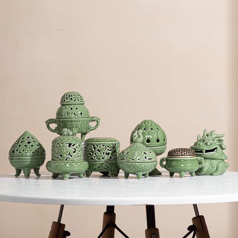 New Celadon Chinese Ceramic Incense Burner Home Decorative Antique Style Tripod Censer Incense Stove Zen